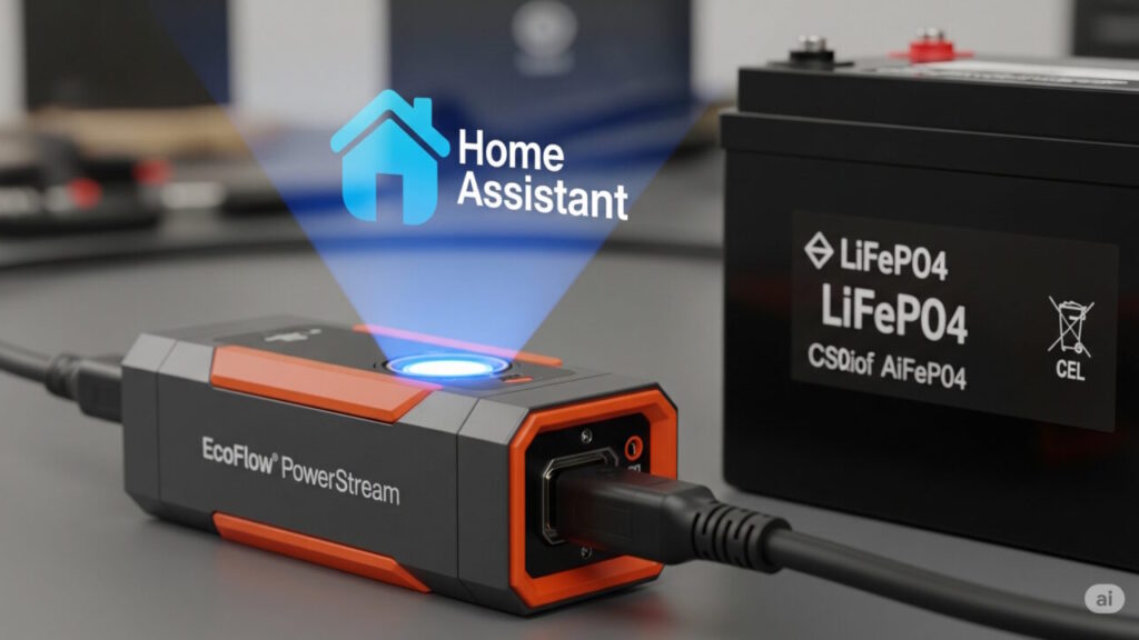 controler powerstream avec homeassistant. On voit un microonduleur branché sur une batterie